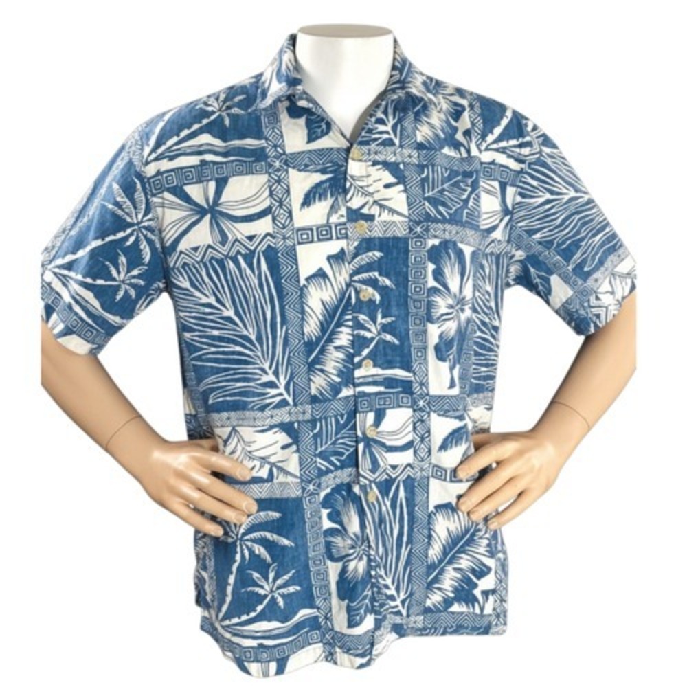 Cooke Street Hawaiian Shirt XL Floral Palms Flowers Reverse Print Blue‎ White